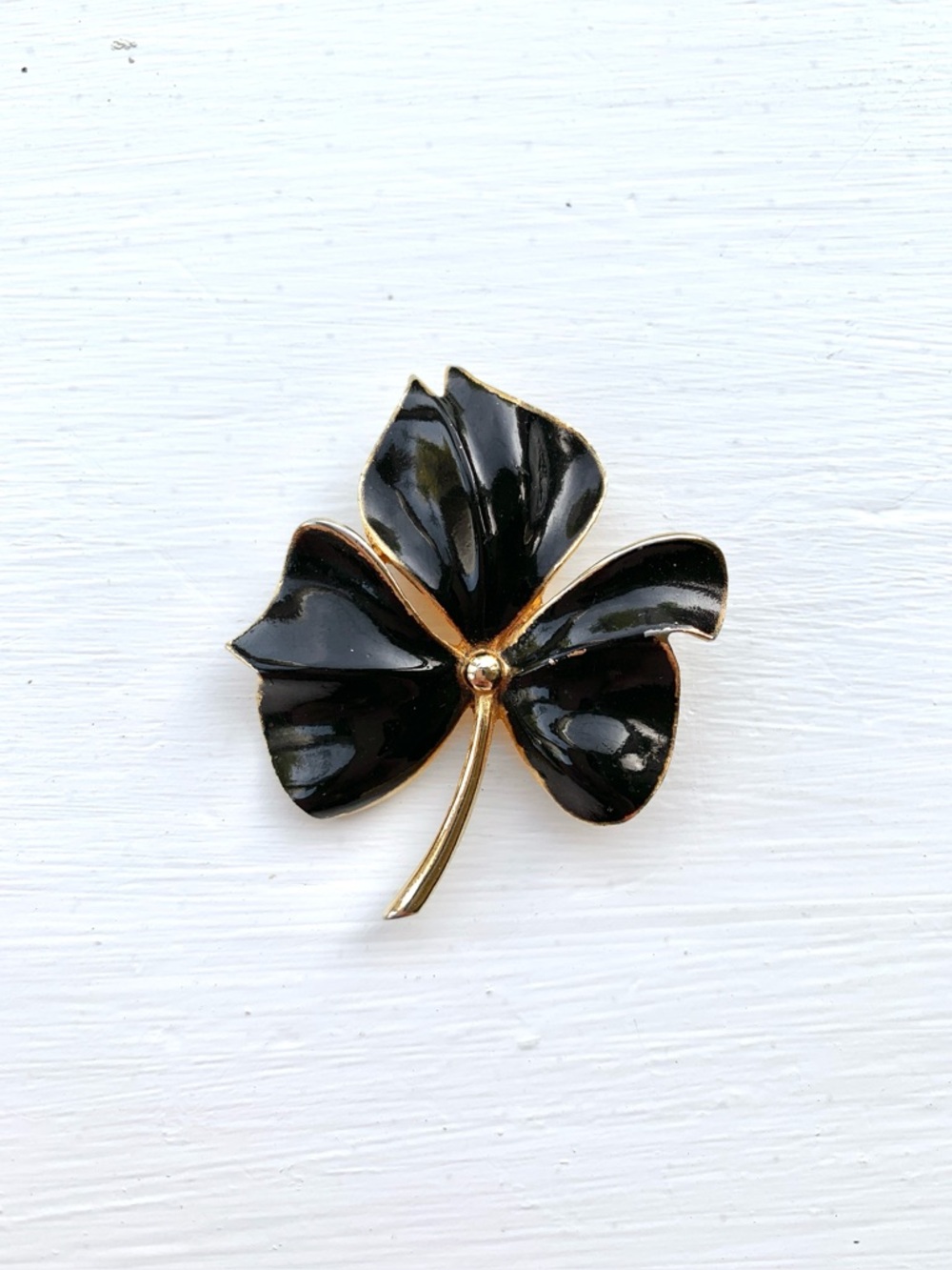 Vintage black enamel golden leaf brooch pin by Torino signed